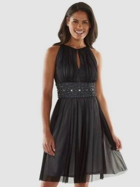 NEW Fit & Flare Black Beaded Halter Dress Size 12